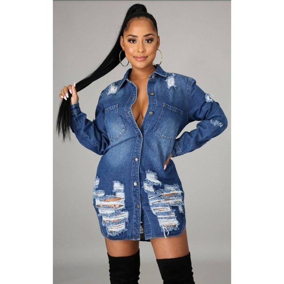 Here For It Denim Tunic Dress Top - Picture 1 of 8